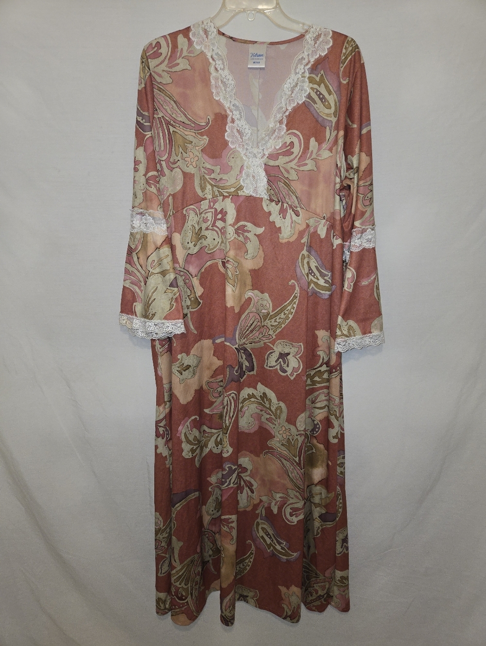 Vintage Velrose Sz Medium Maxi Dress With Bell Sleeves Ployester Lace Trim